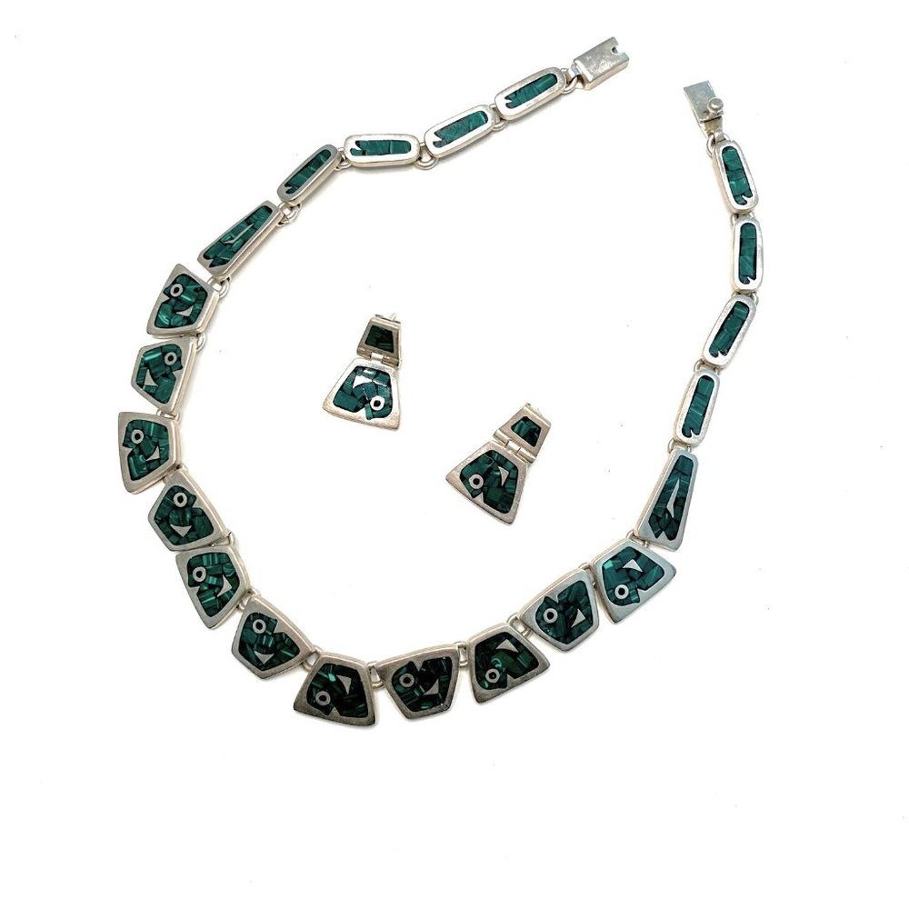 Sterling‎ Silver & Malachite Necklace & Earrings
